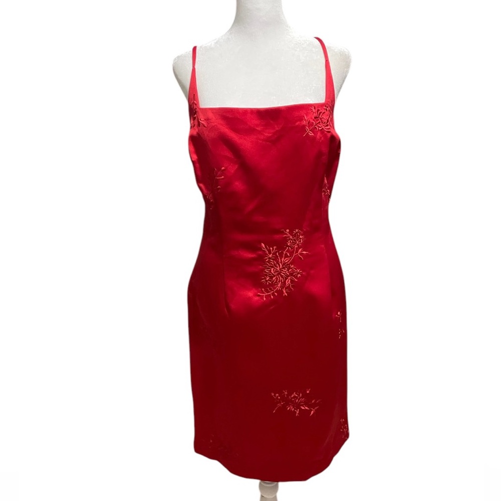 ELIZABETH SCOTT Cherry Red Spaghetti Embroidered Dress with Back Slit Size 14